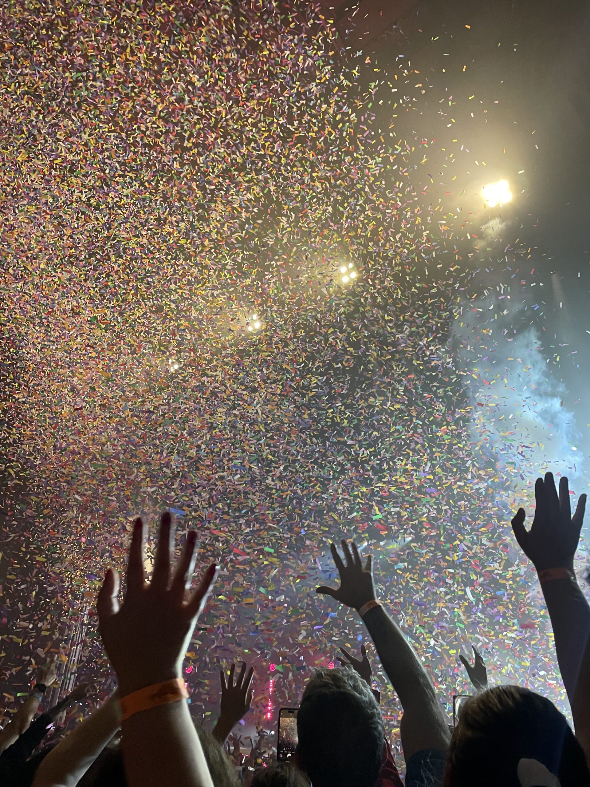 Fans with arms raised and confetti in the air at a Chappel Roan concert at the Wiltern, LA 2023