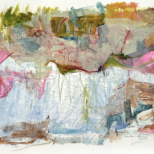 Abstract painting with pink, green, and blue brushstrokes reflecting nature-inspired textures and mixed-media layers.