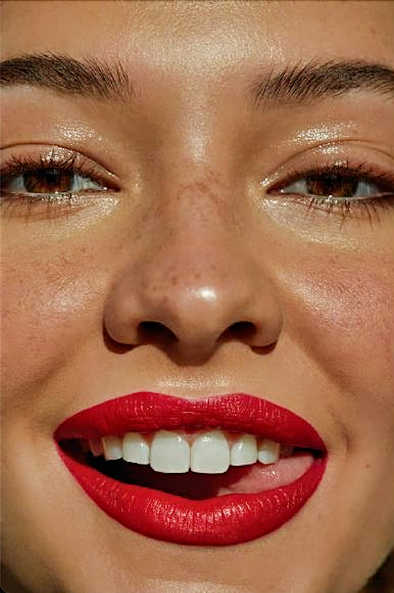 Closeup image of Madelyn Cline wearing red lipstick