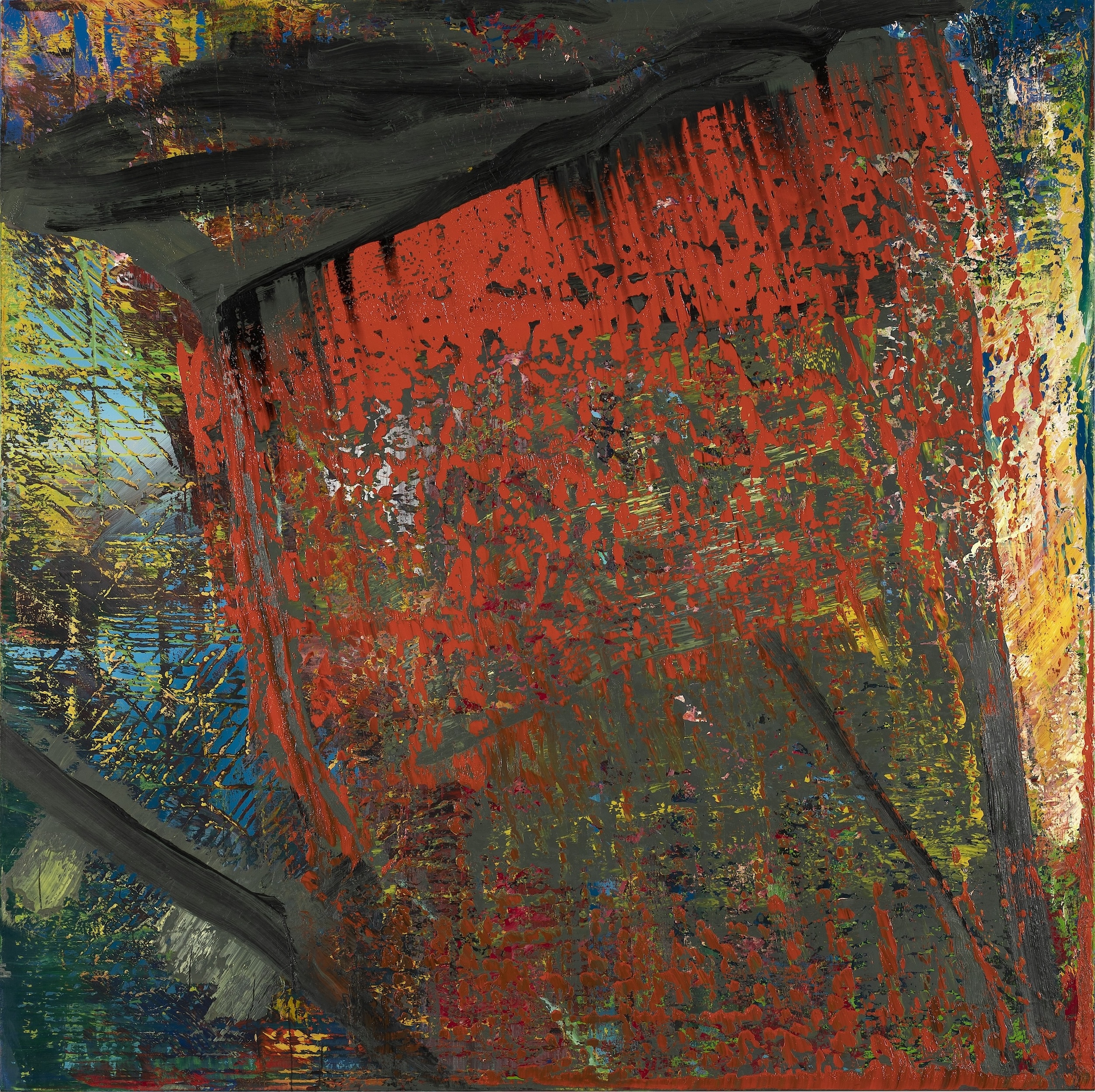 a color abstract oil painting with red blue and yellow as dominant colors