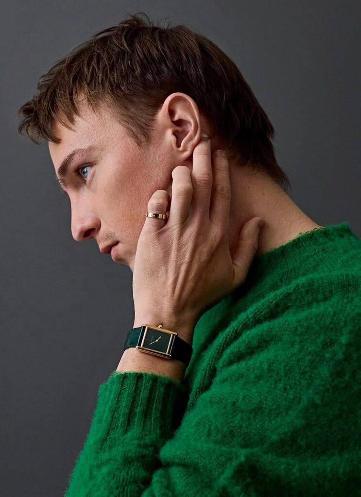 Color photograph of actor Drew Starkey wearing a green sweater shot from profile looking away from the camera
