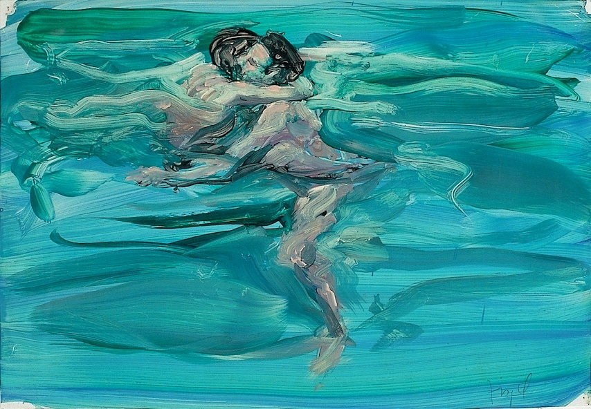 Eric Fischl Swimming Lovers color oil painting depicting a couple embracing in turquoise-blue hued water