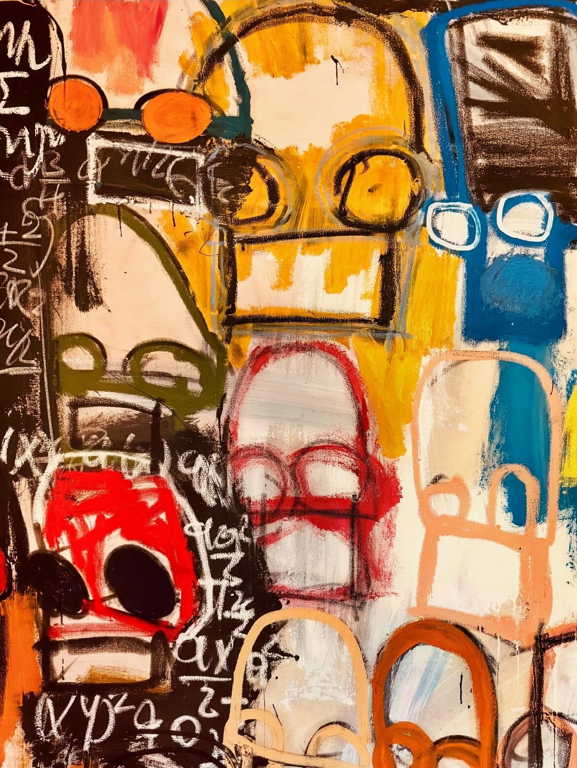 An abstract painting by artist Taher Jaoui featuring a collage of stylized skull-like faces, geometric shapes, and mathematical equations.
