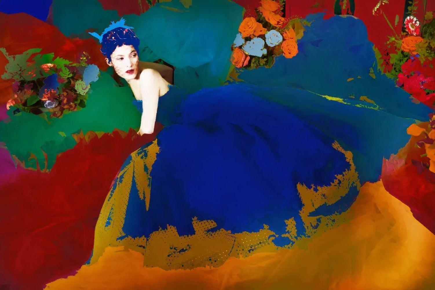 A saturated, abstract fashion photograph by photographer and artist Erik Madigan Heck featuring a model in a voluminous royal blue gown. The model rests amidst a vivid collage of painted blocks of red, green, and orange, with bursts of colorful floral arrangements.
